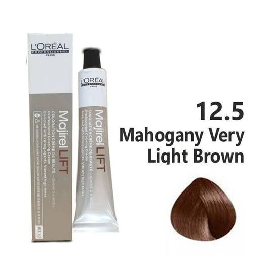 L'Oreal Majirel 12.5 hair color tube and packaging with hair swatch and text '12.5 Mahogany Very Light Brown' on white background