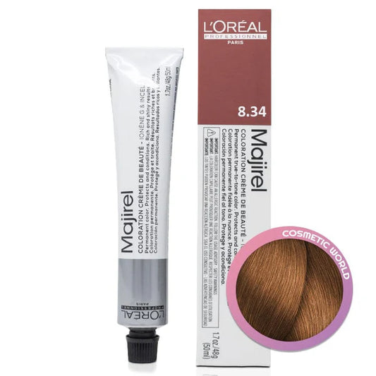 Loreal Majirel 8.34 hair color tube and packaging with hair swatch on white background